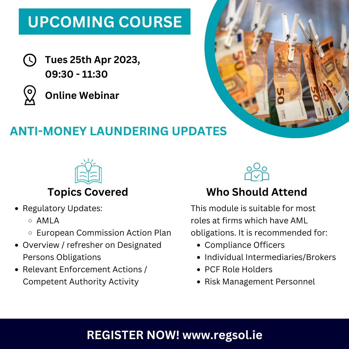 regsolireland's tweet photo. Join us for our 2-hour Anti-Money Laundering Updates webinar on Tuesday, 25th April 2023 💻

✅This 2-hour session is CPD accredited with the IOB, III and LIA.

Book here: https://t.co/YDGk0CdUsW

#webinar #cpd #cpdtraining #aml #Compliance https://t.co/dWpbX9lIyD
