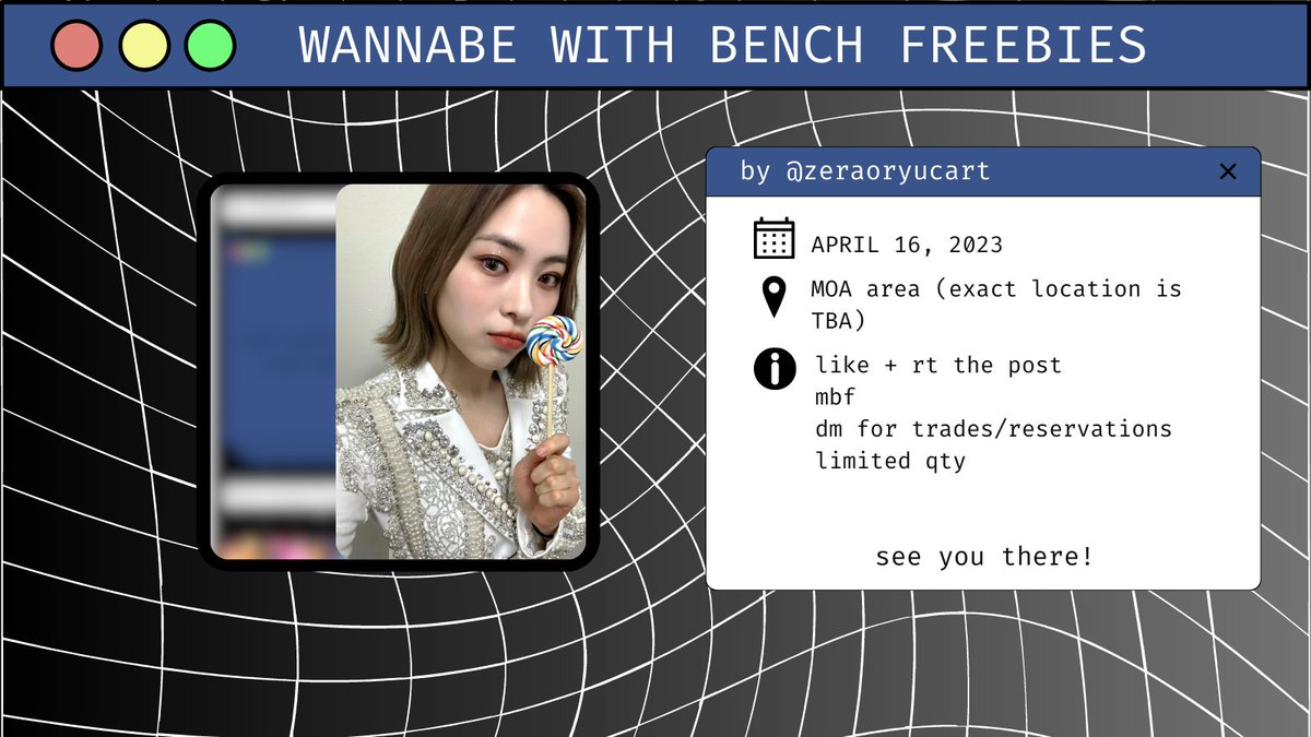 zeraoryucart's tweet photo. Hi Midzys! I'll be giving out some photocards at the fanmeeting. Check the pubmat below for more info!

#WannaBeWithBENCH #BENCHxITZY #ITZY #ITZYinManila https://t.co/nkzgbo7rMD
