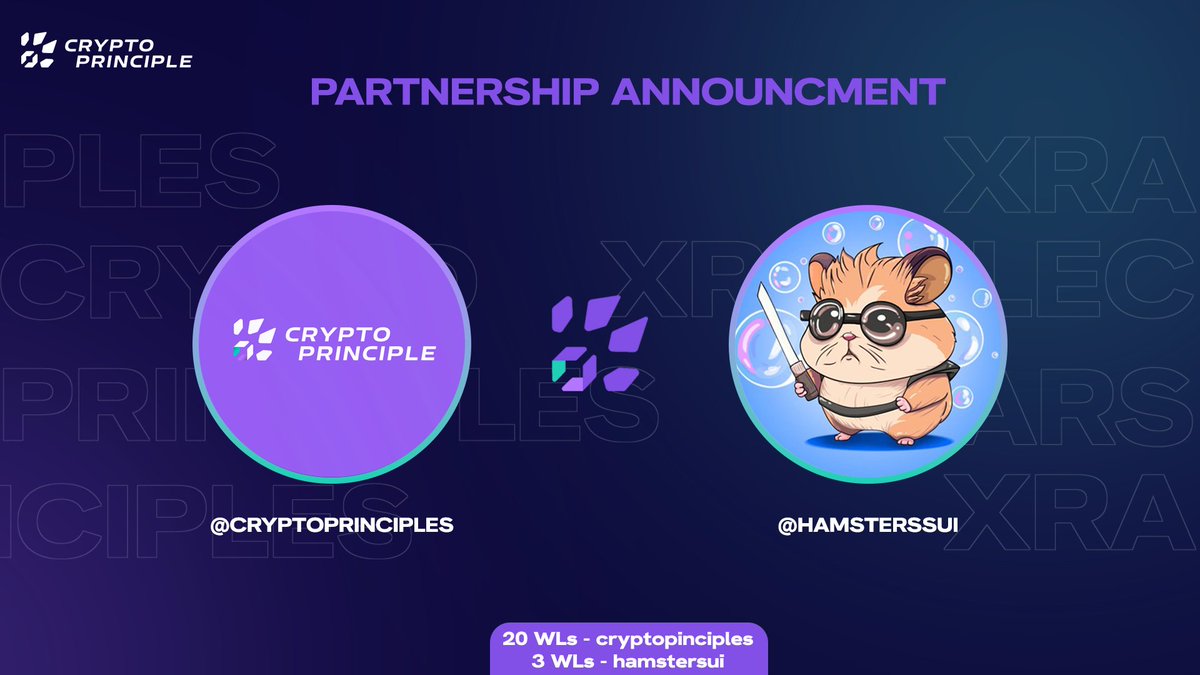 Meet our new partner 😎
We are proud to announce our partnership with <a href="/HamstersSui/">zkHamsters</a>
To celebrate our partnership, we will giveaway

🟢Follow <a href="/HamstersSui/">zkHamsters</a> 3 x WL
🟢Follow <a href="/cryptoprincipl/">Crypto Principle ❤️ BRC</a> 20 x WL

Like, Rt, Tag 3 friends 
Results soon ✨

#SuiNFTs #Suigame #Sui #SuiNFT