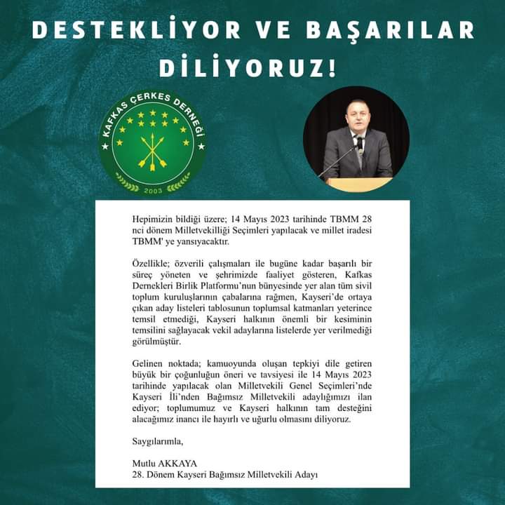 Kafkas Çerkes Derneği (@kafkascerkesder) on Twitter photo Kafkas Çerkes Derneği olarak Sayın Mutlu Akkaya'nın Kayseri Bağımsız Milletvekili adaylığını destekliyor, Kayseri'de yaşayan tüm soydaşlarımızın duyarlılık göstererek, Sayın Mutlu Akkaya'nın Bağımsız Milletvekili Adaylığını desteklemelerini temenni ediyoruz.
<a href="/m_mutluakkaya/">Mutlu Akkaya</a> Kafkas Çerkes Derneği olarak Sayın Mutlu Akkaya'nın Kayseri Bağımsız Milletvekili adaylığını destekliyor, Kayseri'de yaşayan tüm soydaşlarımızın duyarlılık göstererek, Sayın Mutlu Akkaya'nın Bağımsız Milletvekili Adaylığını desteklemelerini temenni ediyoruz.
<a href="/m_mutluakkaya/">Mutlu Akkaya</a>