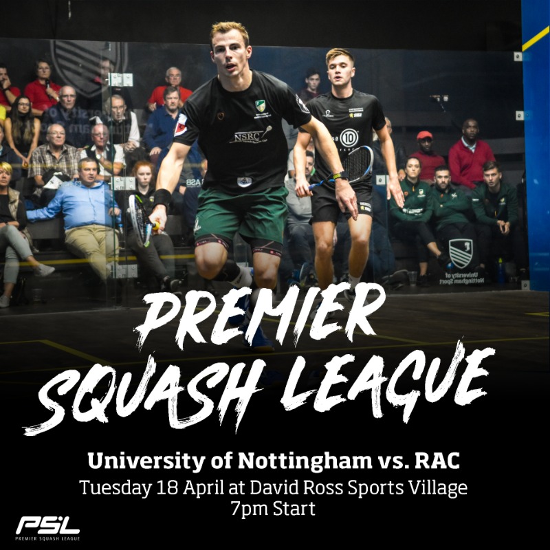 UoNSport's tweet photo. PSL 🏆 | The countdown to the final @pslsquash match of the season is on! ⏳ 

Don't miss it &amp; support the #GreenandGold this coming Tuesday 👊

🆚 @RACPSL
🏟 DRSV
📅 18 April
🕖 7pm Start

🎫 Tickets are ONLY £3 for @UniofNottingham students &amp; staff! 

#WeAreUoN // 💚💛