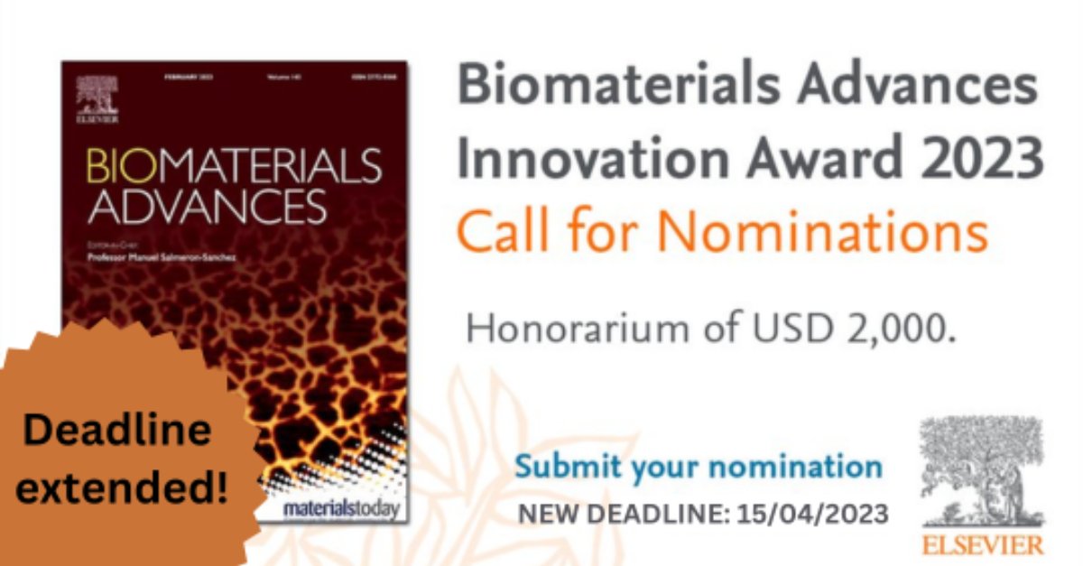 ‼️DEADLINE APPROACHING‼️
Biomaterials Advances Innovation Award - Call for nominations EXTENDED!! Let's recognise innovation and impact in Biomaterials research 🔬🧬🧪
Submit your nomination: materialstoday.com/biomaterials/n…
#Awards #biomaterials