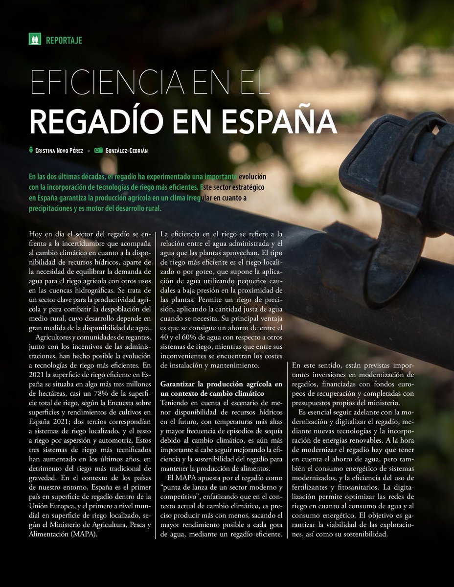 iAgua's tweet image. 💧 El #regadío es un sector estratégico en #España que garantiza la producción agrícola en un clima irregular en cuanto a precipitaciones, además de ser motor del desarrollo rural.

📑 Un reportaje de @cristina_novop publicado en #iAguaMagazine43.
iagua.es/noticias/redac…