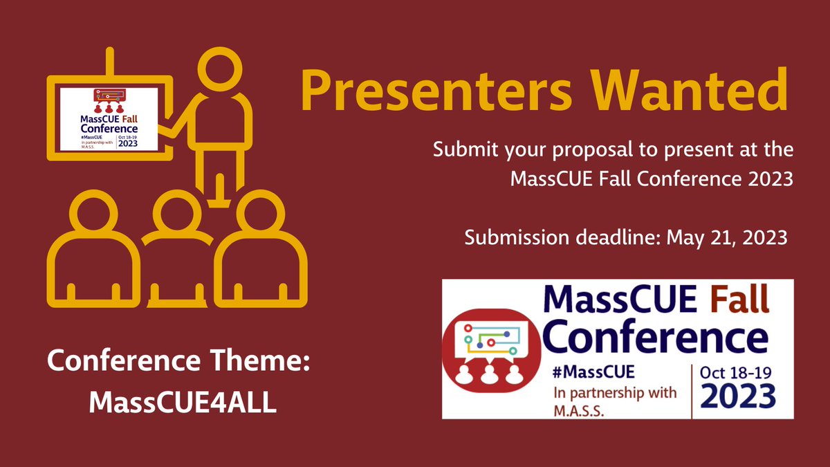 MassCUE (@masscue) on Twitter photo The #MassCUE Fall Conference 2023 Call for Proposals is now open! Submit your proposal by May 21 for a chance to present at New England's premier #edtech conference. Learn more: bit.ly/3MDCCaE @SavvyDemers @cjgosselin @mrsmacgregor206 <a href="/nealman17/">Neal Sonnenberg</a> @BlendedLibGirl The #MassCUE Fall Conference 2023 Call for Proposals is now open! Submit your proposal by May 21 for a chance to present at New England's premier #edtech conference. Learn more: bit.ly/3MDCCaE @SavvyDemers @cjgosselin @mrsmacgregor206 <a href="/nealman17/">Neal Sonnenberg</a> @BlendedLibGirl
