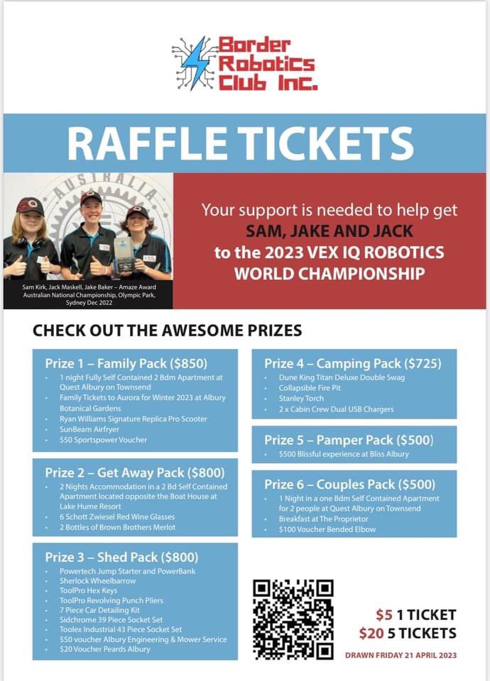 mareetimms's tweet photo. Some GREAT PRIZES something for everyone especially #Albury #Wodonga #Wangaratta #NEVic all towns in between. Support these wonderful young lads on their way to #VEXworlds in Dallas TX. @VEXRobotics
Only one week to go before the raffle is draw.
https://t.co/xcs5sr6NWY https://t.co/3NRVRRFf1I