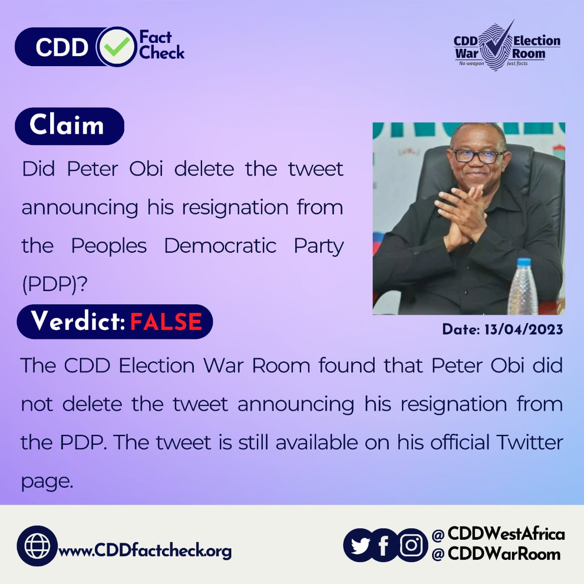 CDDWestAfrica's tweet photo. #FactCheck: Festus Keyamo of the APC claimed Peter Obi deleted a tweet announcing his resignation from the PDP in response to APC's petition on the 2023 election. @CDDWarRoom checked and found it to be false. Read more: https://t.co/nJxEjCZ46M https://t.co/MrGmUpbBU0