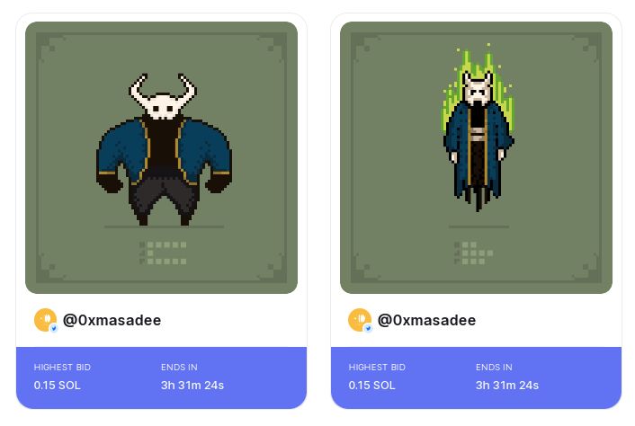 [UPDATE]
Spirit Society
Auction Live on ExchangeArt
Highest bid 0.15 $SOL
3 hours left
LFG LFG !!
#NFT #NFTs #NFTCommunity