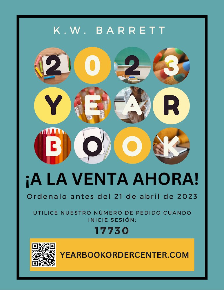 ¡Los anuarios llegarán pronto! Realice su pedido antes del 21 de abril para asegurarse de obtener una copia del anuario 2022-2023. Yearbookordercenter.com Detalles abajo.
