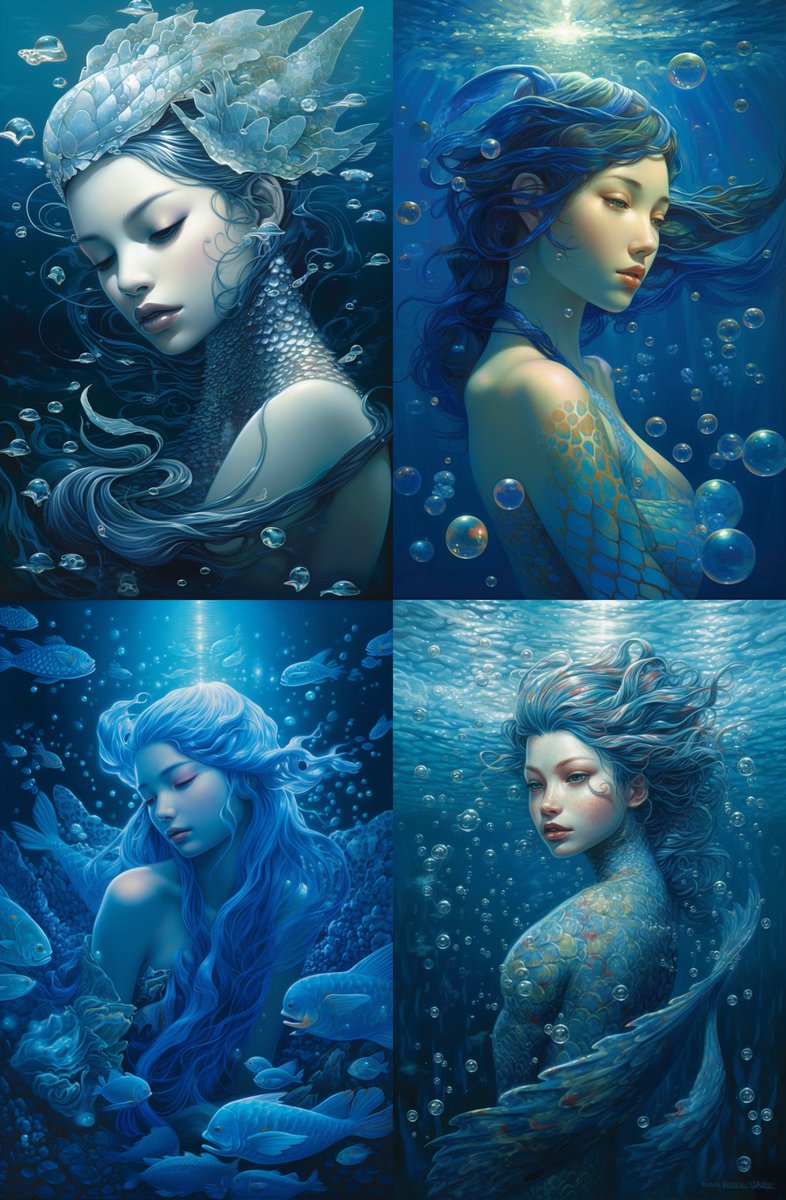 Prompt : A portrait of a mermaid sitting as she sails with oblivion, in the style of kazuki takamatsu, sparkling water reflections, naoto hattori, playful and colorful depictions, blue, joyful and optimistic, romantic seascapes --ar 13:20 --s 750 

#Mermaid #RealMadrid #rosecoco