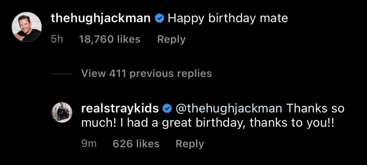 minchansflwr's tweet photo. hugh jackman commenting on lee know’s bday post https://t.co/jOtqgqEHQj