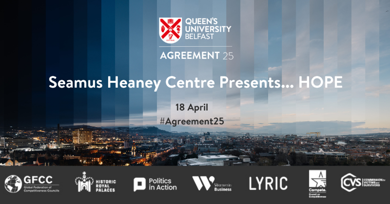 QUBelfast's tweet photo. We are getting ready for an evening of HOPE.

Join us for conversation, readings and music as @HeaneyCentre welcomes special guests including @garysnowpatrol, @LisaMMcGee and @TaraLynneONeil1.
 
🔴 When: Tues 18 April at 7.30pm 
🔴 Where: Mandela Hall 

#Agreement25