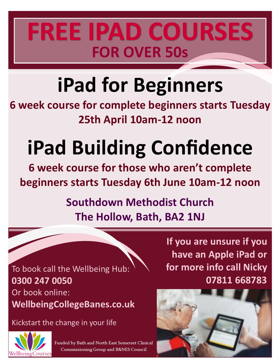 VolunteerBANES's tweet image. Free iPad and Smartphone courses available to BaNES residents.   For more information on Free wellbeing courses click here: wellbeingcollegebanes.co.uk