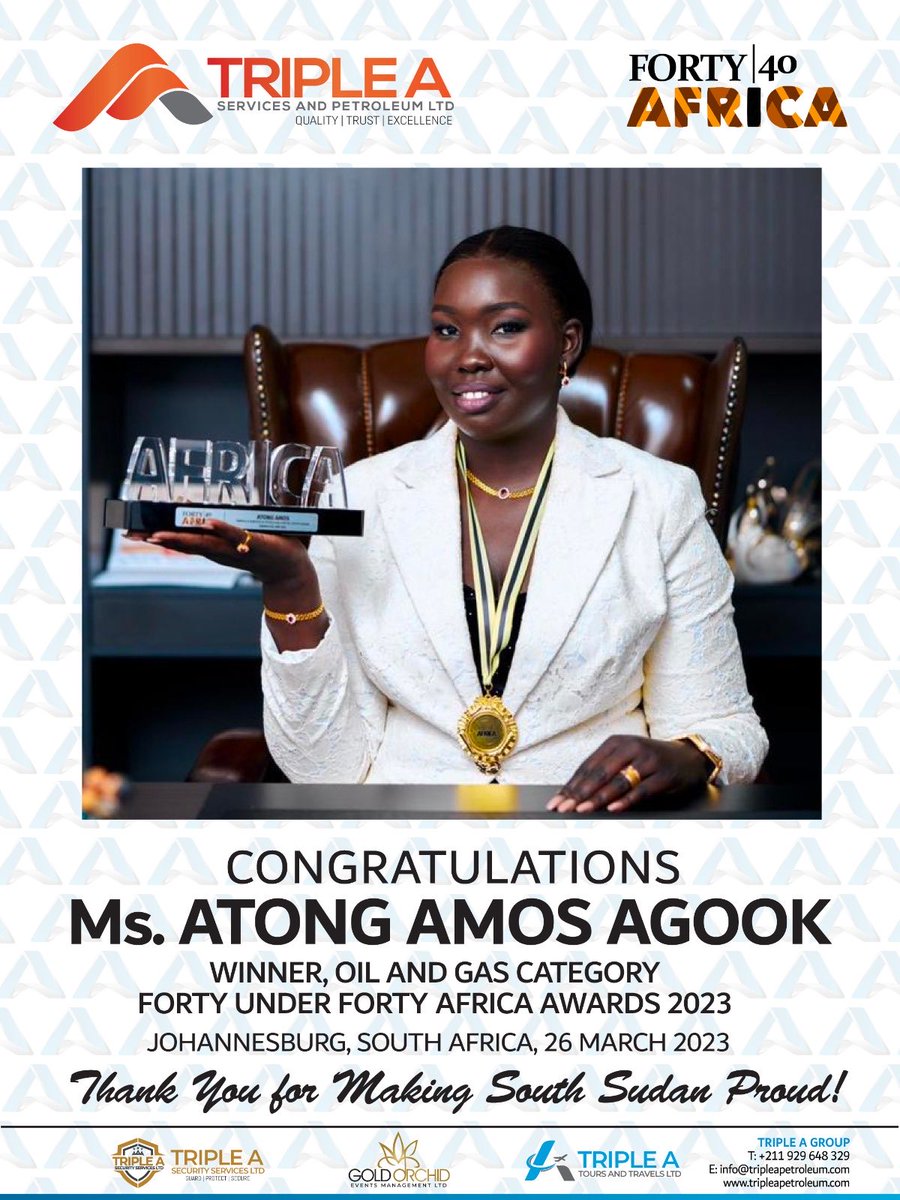 Congratulations Ms. Atong Amos Agook ⁦<a href="/AtongAmos90/">Atong Amos</a>⁩. We are proud of you and your achievement. #SSOT ⁦<a href="/40u40awardsgh/">Forty Under 40 Awards</a>⁩ ⁦<a href="/Nyachangkuoth1/">Nyachangkuoth Tai</a>⁩