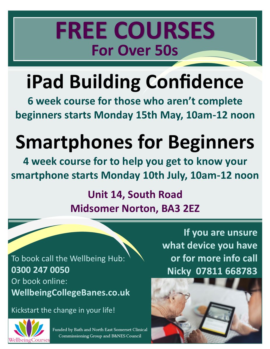 VolunteerBANES's tweet image. Free iPad and Smartphone courses available to BaNES residents.   For more information on Free wellbeing courses click here: wellbeingcollegebanes.co.uk