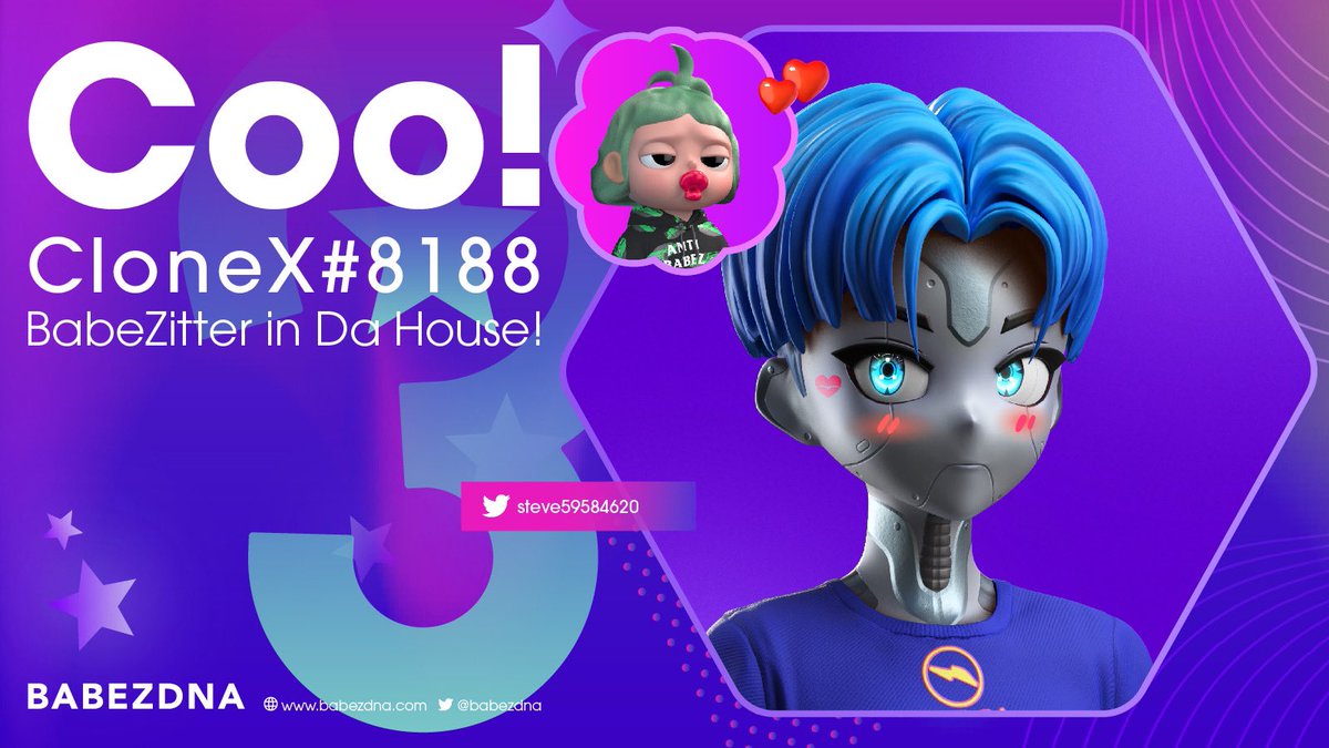 Bah- bah 🎊! We BabeZ 👶🏻 &amp; Papa 👨🏻welcome our BabeZitter @steve59584620 in Da House! 🍼🍼

That cool hair &amp; Saibogu look tellz us weee are under great care 🥳

#CloneX #NFT #BABEZDNA