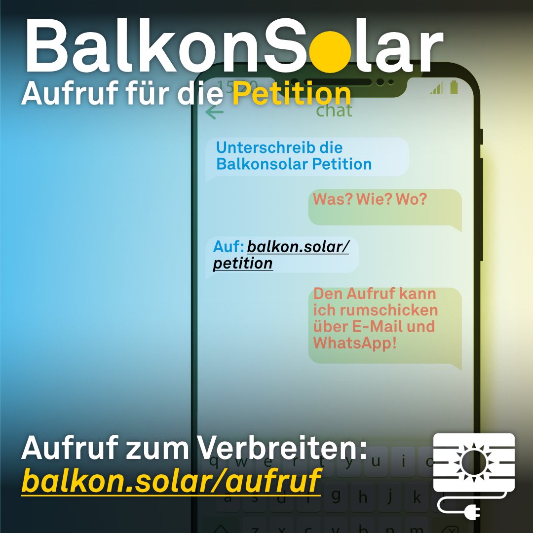 📧📲 Ihr wollt unsere Petition (balkon.solar/petition) in Chatgruppen oder über Mailinglisten schicken?

🧑‍💻einen Textvorschlag von uns findet ihr bei balkon.solar/aufruf

🙏für euer Engagement

#Balkonsolar #steckersolar #energiewende