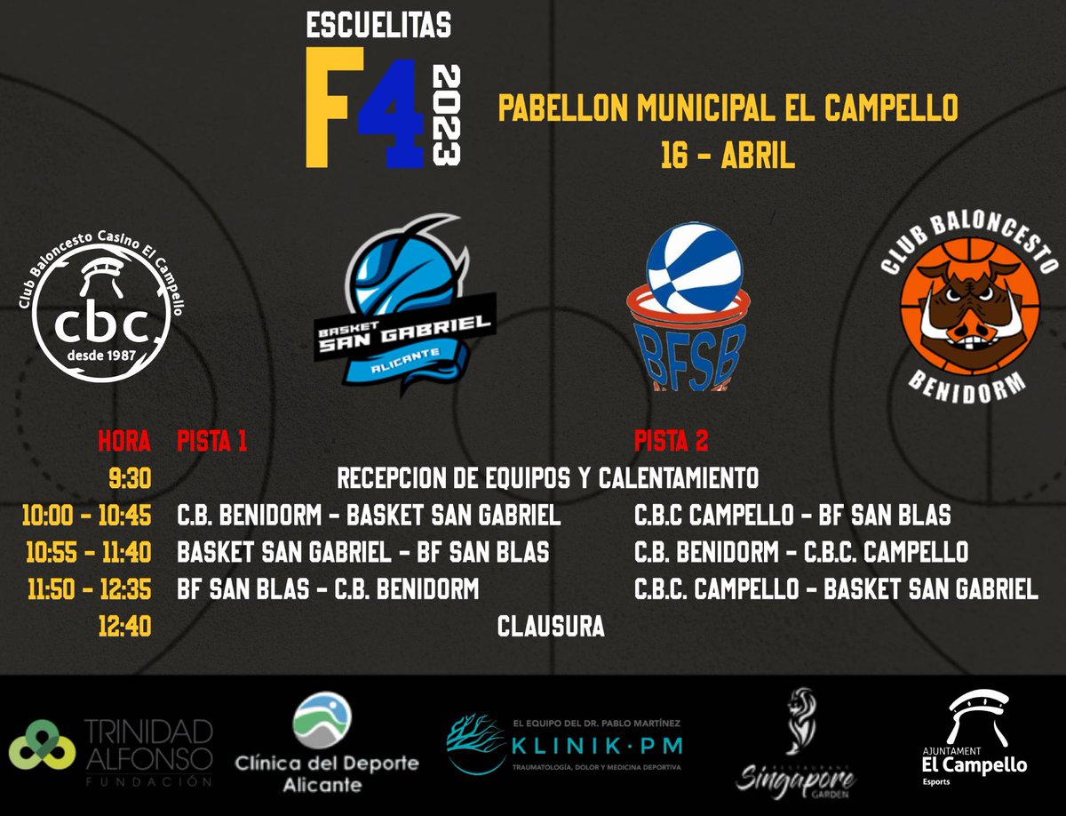 campellocb's tweet photo. Podremos ver a l@s talentos del futuro¡¡
Y disfrutar de una jornada de Fiesta para todos l@s niños/as¡¡
#valoresdeldeporte
#basketbase
#escuelitas
@ElCampelloAyto
@fbcv_es
@BFSB_Alicante
@cbbenidorm https://t.co/1SISpxFxRC