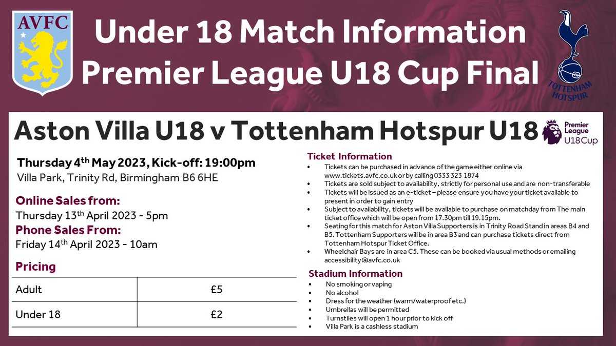 🎟️ Tickets for #AVFCU18s v Tottenham Hotspur U18s in the Premier League U18 Cup Final at Villa Park will go on sale from 5pm tonight online.

📅 Thursday 4th May
🕖 7pm
📍 Villa Park

#AVFC