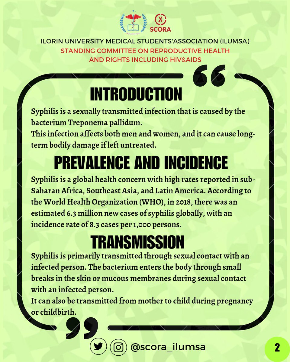 SCORA_ILUMSA's tweet photo. ❣️❣️❣️❣️❣️❣️
Over the course of the week, we have been able to discuss some important sexually transmitted diseases.

We will not round off this awareness week without talking about Syphilis😉. https://t.co/n3u8iopSJO