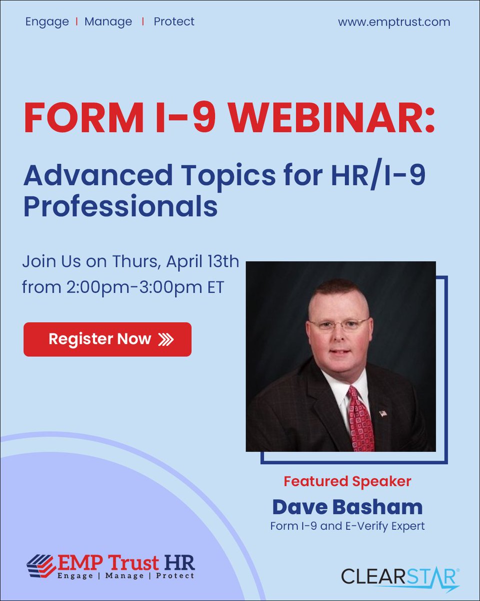 EMPTrust's tweet image. Join us today at 2:00 pm EST for an advanced-level discussion on Form I-9 compliance co-hosted by EMP Trust HR Solutions &amp;amp; ClearStar, Inc.
Register now: hubs.ly/Q01LhCPW0

#webinar #FormI9 #EMPTrustHRSolutions #hrcompliance #management