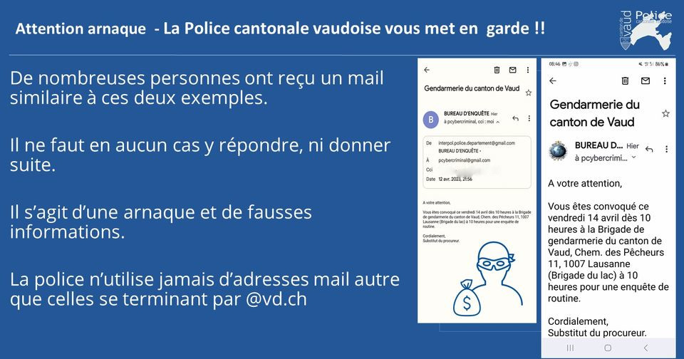 Policevaudoise's tweet photo. Nouvelle vagues d'arnaques par e-mail au nom de la Gendarmerie vaudoise ! Il s'agit d'adresses e-mails frauduleuses se faisant passer pour des services étatiques suisses ou européens. Ces services n'utilisent jamais de comptes Gmail ou Hotmail pour communiquer. Soyez vigilants ! https://t.co/O6dAXq89TU