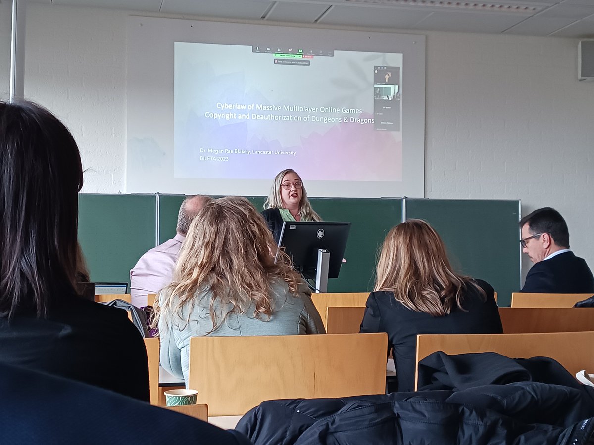 Full house for @MeganRaeBlakely and her excellent presentation on #Cyberlaw and Massive Multiplayer Online Games @bileta Amsterdam #dungeonsanddragons #copyright #trademark #bileta23