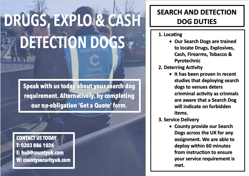 CountySecu's tweet photo. With the Event season coming up, can we assist you in search and detection dog handlers?? Our main priority is for your safety to be protected.

So if you need any of our security services get in contact with us TODAY!!

#security #securitydogs #doghandlers #search #county https://t.co/pb4vPBrnoZ