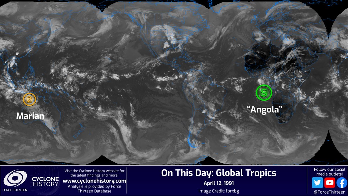 CycloneHistory's tweet photo. #OTD in 1991, #CycloneMarian was active to the northwest of #Australia and would shortly reach its peak intensity.
Elsewhere, there was an extremely unusual occurrence of a tropical cyclone in the southeastern Atlantic, commonly referred to as the #Angola tropical storm of 1991. https://t.co/gSur3m0vWM