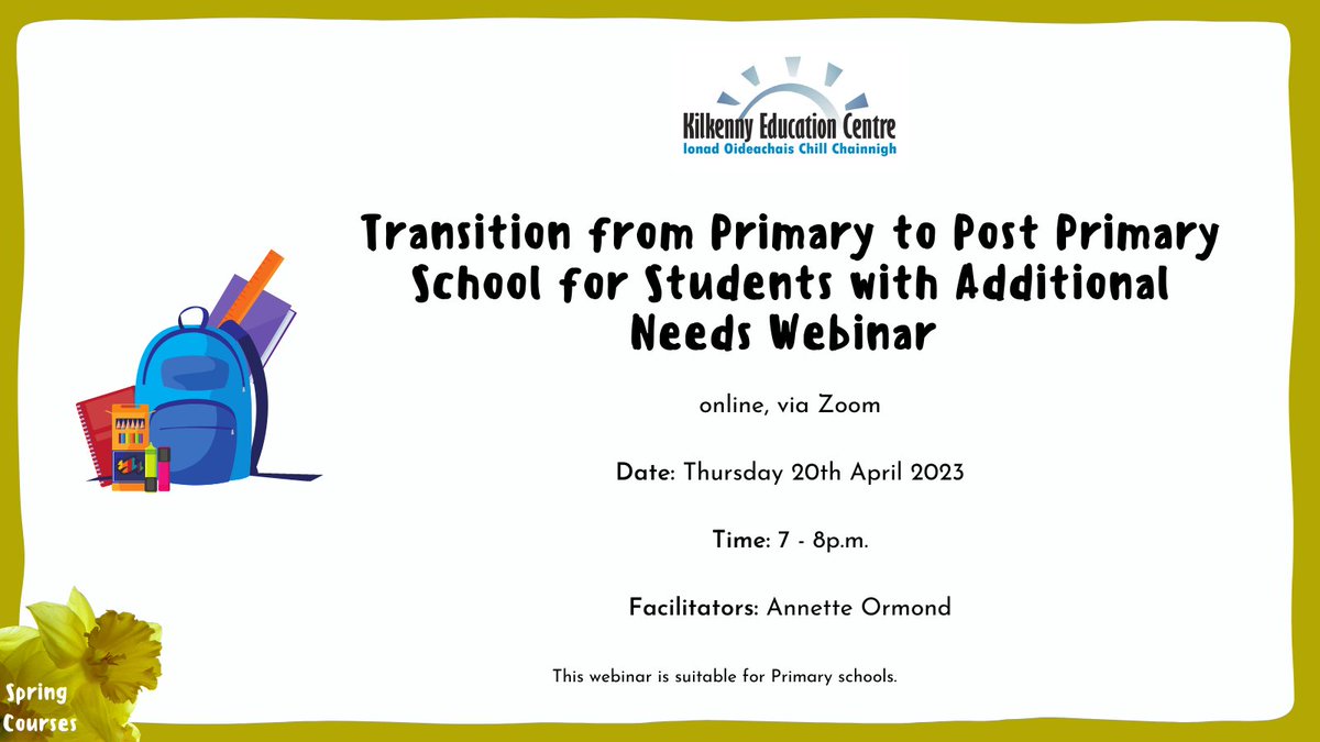eckilkenny's tweet photo. 🏫 'Transition from Primary to Post Primary School for Students with Additional Needs Webinar'
🗓️ Thursday 20th April 2023, 7p.m.
🗣️ Facilitated by @Annettebernie 

🔗 Further details and booking via the Centre website here; https://t.co/4VwGfB7D5n #SpringWebinars #edchatie https://t.co/tPZvjEWxfk