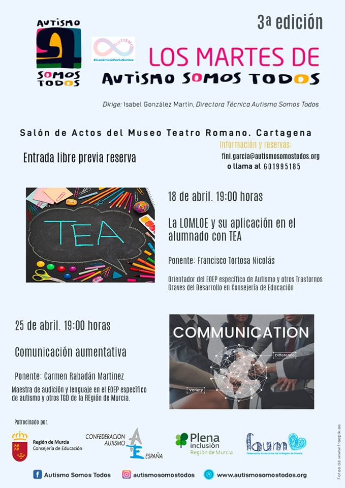 Asociación AUTISMO SOMOS TODOS (@amudeft) on Twitter photo "Los martes de Autismo Somos Todos"
Con Francisco Tortosa y Carmen Rabadán,  miembros del Equipo de Orientación Específico de Autismo de la Consejería de Educación. 18 y 25 de abril a las 19.00 horas en el Museo del Teatro Romano.
#losmartesdeautismo #teatroromano "Los martes de Autismo Somos Todos"
Con Francisco Tortosa y Carmen Rabadán,  miembros del Equipo de Orientación Específico de Autismo de la Consejería de Educación. 18 y 25 de abril a las 19.00 horas en el Museo del Teatro Romano.
#losmartesdeautismo #teatroromano