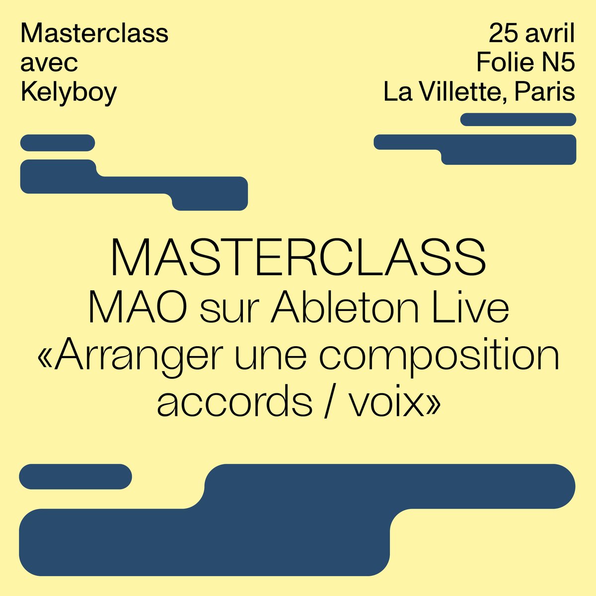 SAVE THE DATE 🎛 On vous donne rendez-vous le mardi 25 avril pour une masterclass de 3H avec KELYBOY sur l'arrangement des composition accords et voix !

Inscriptions ici 🔗 form.dragnsurvey.com/survey/r/1cbdd…

#Technopol #AbletonLive