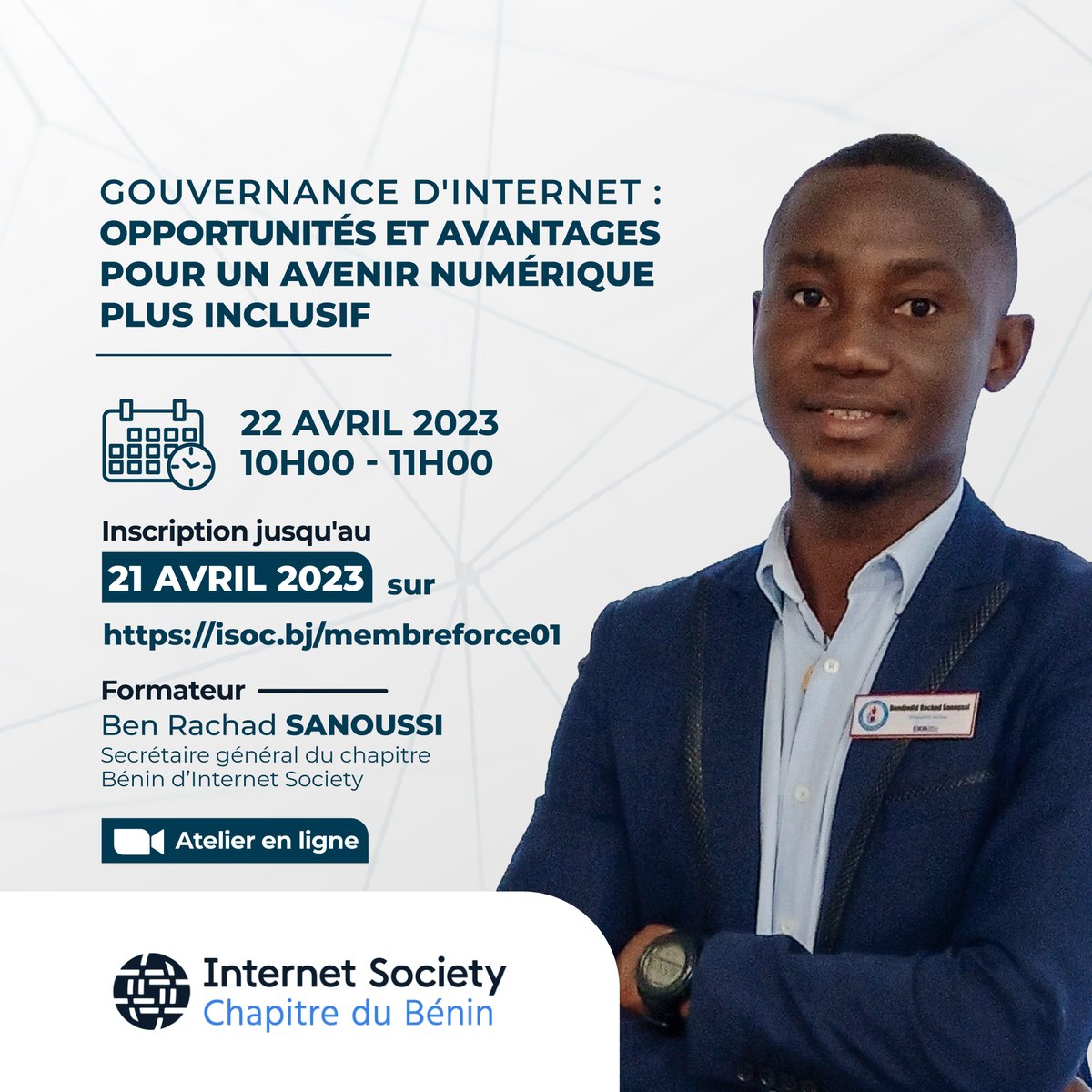 Hello la communauté. 
Nous avons le plaisir de vous annoncer la tenue le 22 Avril 2023 de notre premier Membre Force avec <a href="/rachadsanoussi/">Bendjedid Rachad Sanoussi</a> qui nous parlera de la gouvernance d'internet. Rendez-vous sur isoc.bj/membreforce01/ et remplissez le formulaire pour vous inscrire. Merci.