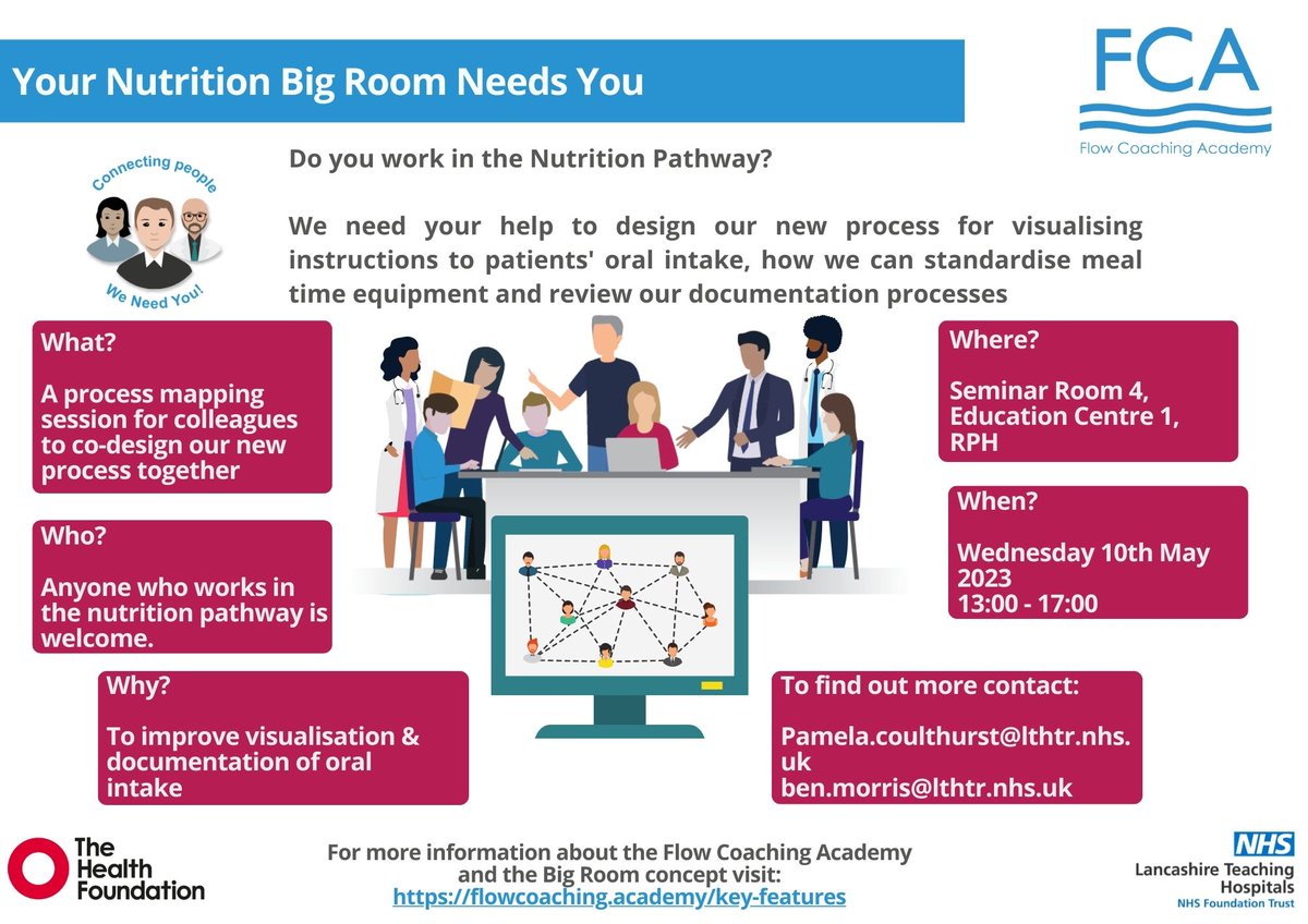 FCA_Lancashire (@fcalancashire) on Twitter photo 💡THE NUTRTION BIG ROOM NEEDS YOU!💡
We need you to help design our new process for visualising instructions to patients' oral intake, standardising meal time equipment and reviewing documentation processes! 🥣🥤🍴🥄
📅Join us on May 10th at 1pm Seminar Room 4
<a href="/LancsHospCITeam/">Continuous Improvement @ LTHTR</a> 💡THE NUTRTION BIG ROOM NEEDS YOU!💡
We need you to help design our new process for visualising instructions to patients' oral intake, standardising meal time equipment and reviewing documentation processes! 🥣🥤🍴🥄
📅Join us on May 10th at 1pm Seminar Room 4
<a href="/LancsHospCITeam/">Continuous Improvement @ LTHTR</a>