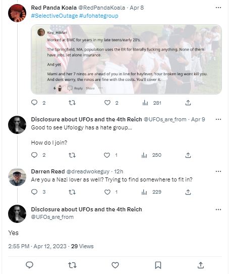 DeJaVu2U2's tweet photo. King Milk Fart's racist comments on Hispanics are causing actual Nazis to come out of the woodwork asking KMF if they can join his #ufohategroup #cantmakethisshitup https://t.co/mGKn1Yhf5p