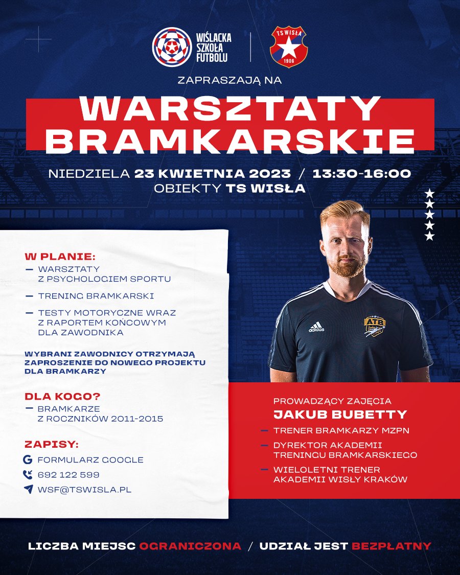 Zapraszamy na 𝐨𝐭𝐰𝐚𝐫𝐭𝐞, 𝐝𝐚𝐫𝐦𝐨𝐰𝐞 𝐖𝐚𝐫𝐬𝐳𝐭𝐚𝐭𝐲 𝐁𝐫𝐚𝐦𝐤𝐚𝐫𝐬𝐤𝐢𝐞 dla wszystkich bramkarzy urodzonych w latach 𝟐𝟎𝟏𝟏-𝟐𝟎𝟏𝟓. Zajęcia poprowadzi trener kadry Małopolskiego Związku Piłki Nożnej i wieloletni trener młodych bramkarzy Wisły - Jakub Bubetty 🔝