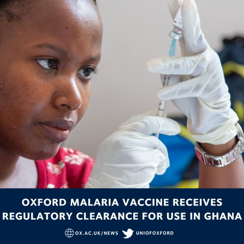 UniofOxford's tweet photo. NEW: Malaria vaccine developed by the University of Oxford receives regulatory clearance for use in Ghana 🇬🇭.

The vaccine will be manufactured by @SerumInstIndia using @Novavax's adjuvant technology.

Today marks the vaccine's first regulatory clearance for use in any country.