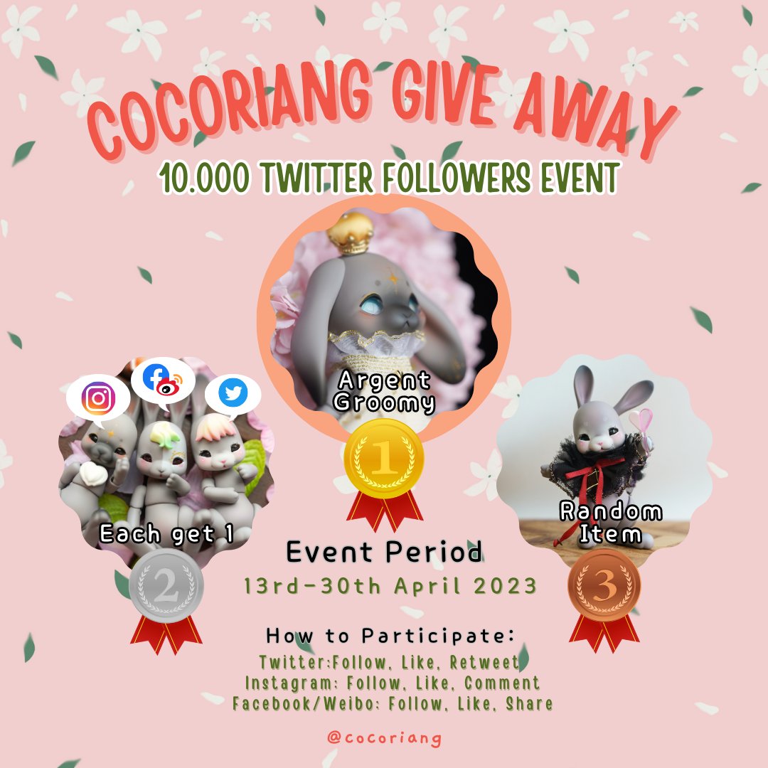 Cocoriang's tweet photo. [Cocoriang SNS event]
Event for celebrate 10,000 followers of the twitter!
Thanks for a lot of love, we are holding a SNS event :)

*Event period : April 13th – April 30
*Event contents
-Twitter : Follow, Like, Retweet
-Instagram : Follow, Like, Comments
-Facebook, Weibo : Follow, Like, Share

 We will presents to 13 winners.
1st overall SNS : Argent Groomy
2nd : Argent Tobi Special Makeup (1 Twitter, 1 Instagram, 1 Facebook & Weibo)
3rd : Cocoriang random products worth 30,000 won (3 people each on Twitter and Instagram, 3 people on Facebook & Weibo)

Please participate a lot!

#cocoriang #bjd #cocopet #cocoriangbjd #cocoriangdoll #코코리앙 #event