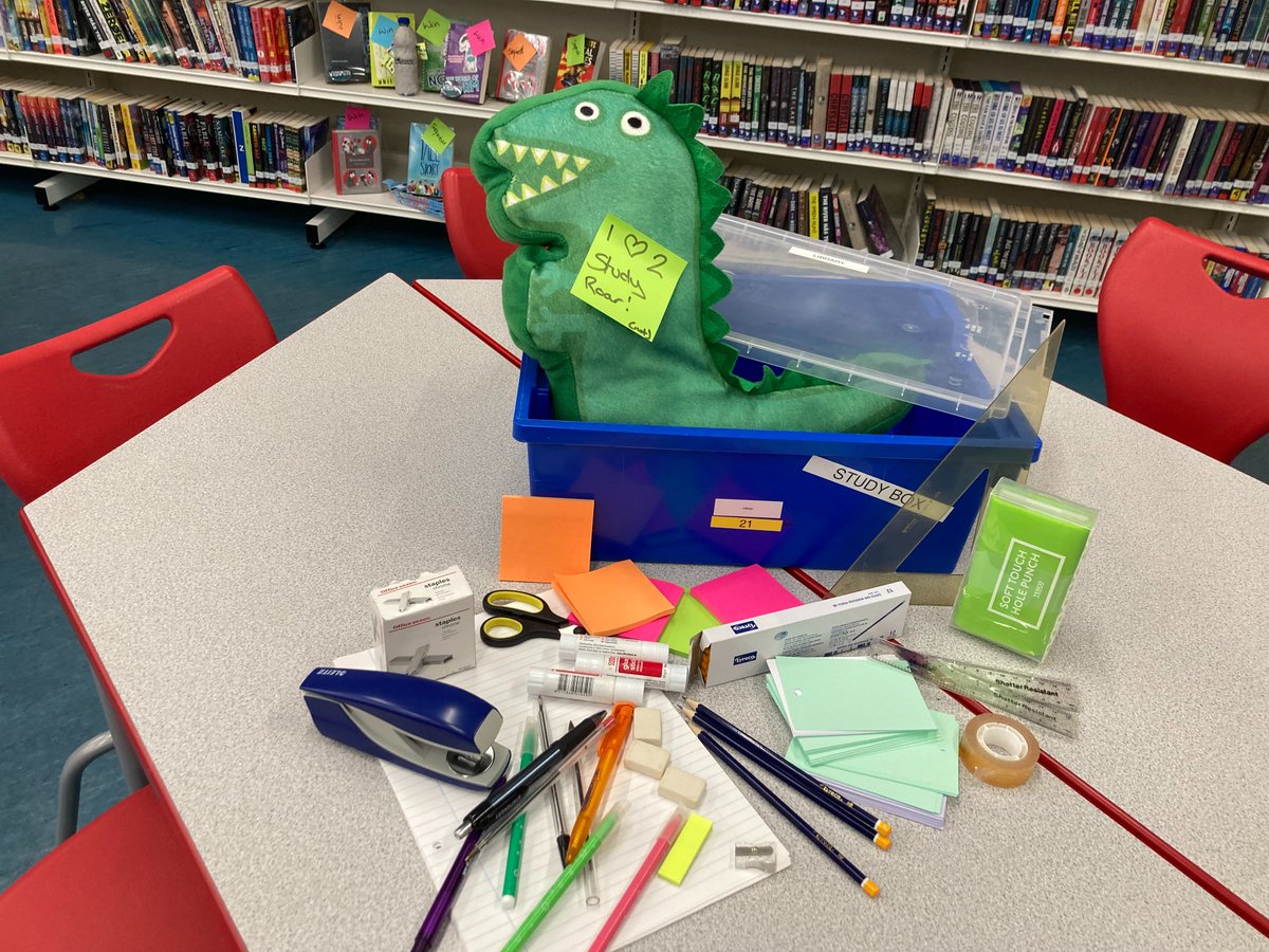 StNiniansLib's tweet photo. Coming in to study? Ask for the #StudyBox full of bits & bobs to keep you on the right track - grab a free pencil or some post its. Need some paper? Or study cards? Take some! Need a hug? Derek the Christmas dinosaur is your pal! Also includes random stuff I found in the library! https://t.co/DclxddO4kl
