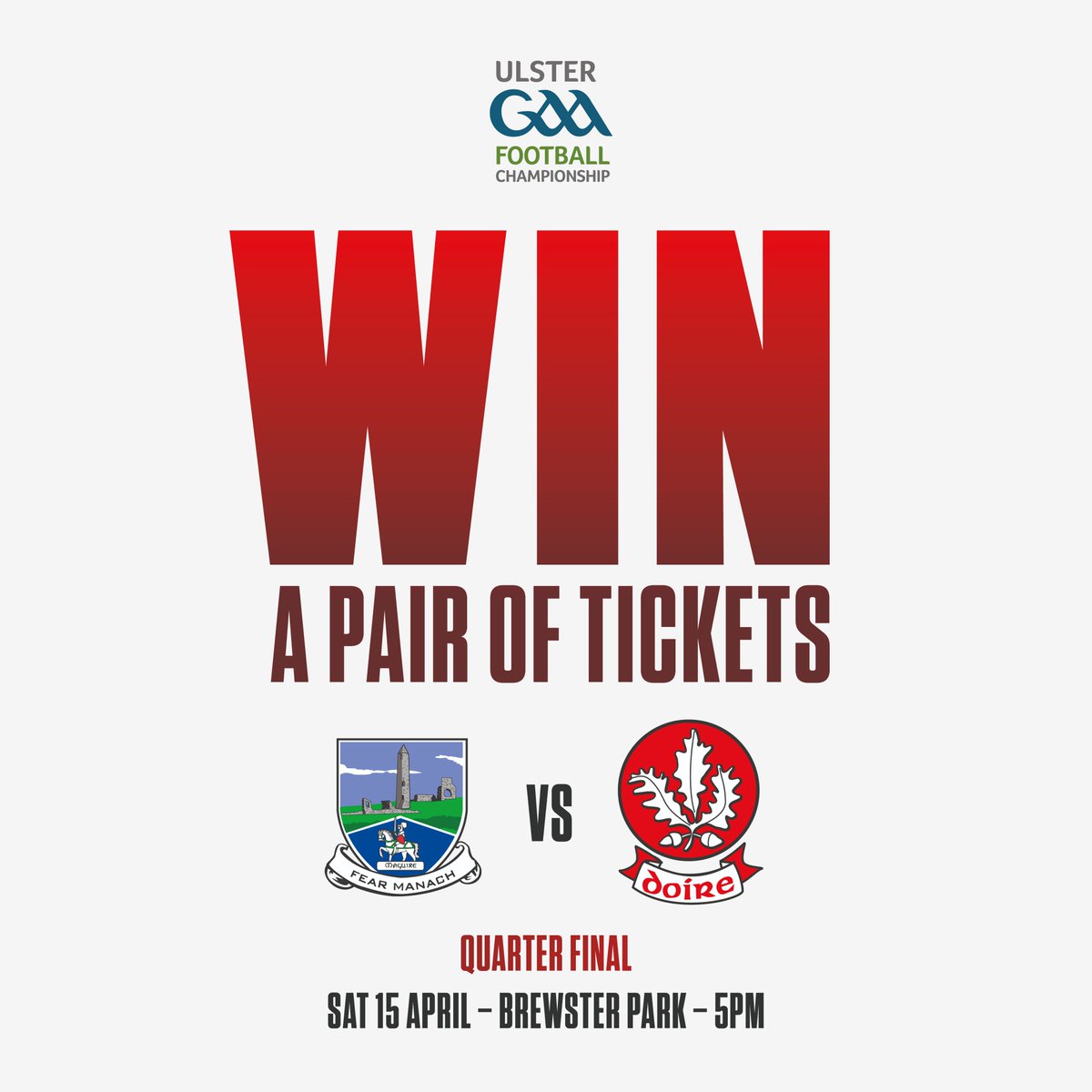 Ticket Giveaway! 🎉

Retweet this post &amp; follow <a href="/UlsterGAA/">Ulster GAA</a> for a chance to WIN TWO TICKETS to <a href="/FermanaghGAA/">Fermanagh GAA</a> v <a href="/Doiregaa/">Derry GAA</a>! 🎟️🎟️

Winner announced tomorrow!

Buy tickets👉 bit.ly/3UBrcpU
No cash sales at the venue. Buy in advance online &amp; in selected stores  

#Ulster2023
