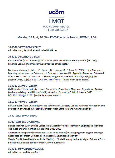 We are pleased to announce the 2023 Madrid Organization Theory Workshop! The Workshop will take place this coming monday from 10:00 to 17:00 at UC3M's Puerta de Toledo Campus.