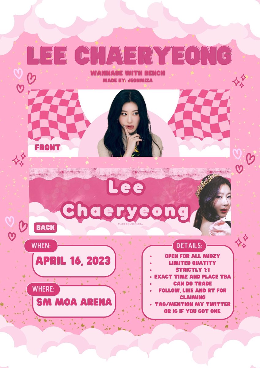 jeonmiza's tweet photo. Wannabe with bench fanmeet in manila, ryujin and chaeryeong hand banner made by @jeonmiza

- April 16, 2023
- must follow, like and rt
- check the poster for other info
- open for trade and donations (dm me)

 #ITZYinManila #ryunjin #chaeryeong #WANNABEwithBENCH #BENCHxITZY #ITZY https://t.co/tZ1BVB2KsI
