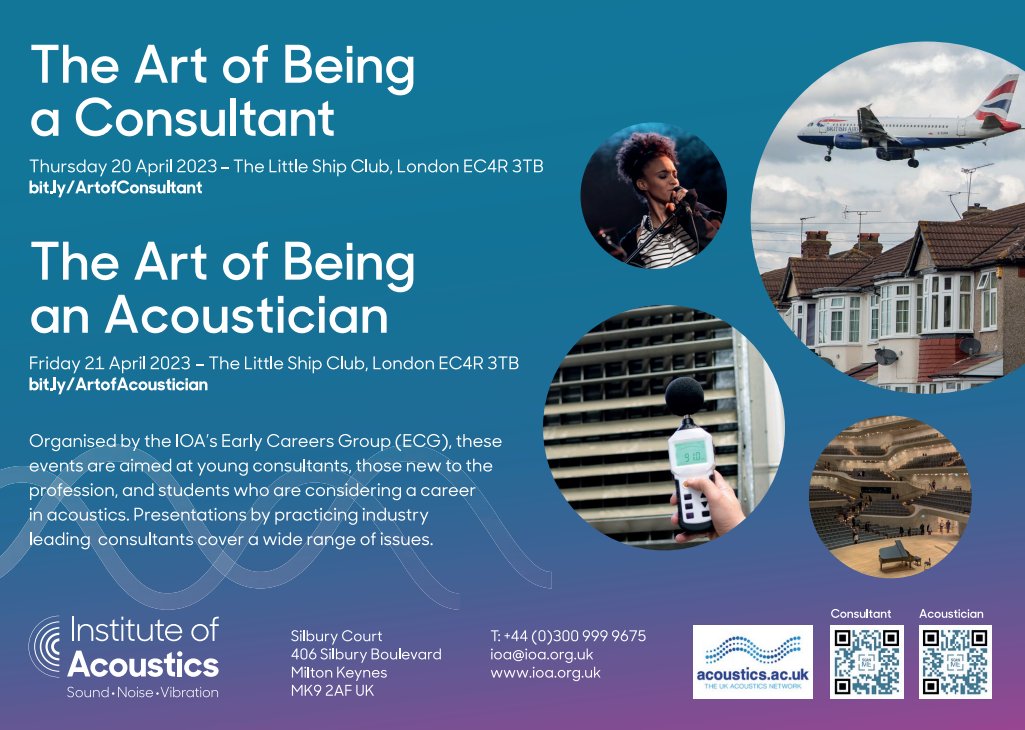 Coming up 20 April 2023 : Early Careers Group 'The Art of Being a Consultant,'  The Little Ship Club, London.  Few places left. ioa.org.uk/civicrm/event/… #acoustics #sound #noise #vibration #careers #consulting #jobs