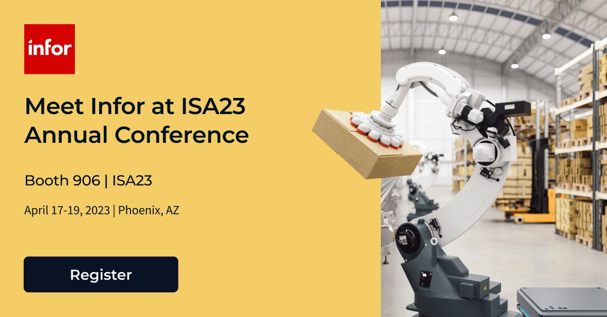 Industrial supply leaders! #TeamInfor is at #ISA23! Come by booth 906 to meet the team and learn how modern tech can help you accelerate automation, attain operational excellence, and exceed customer expectations. 

Learn more: ow.ly/R1bP104CK8o