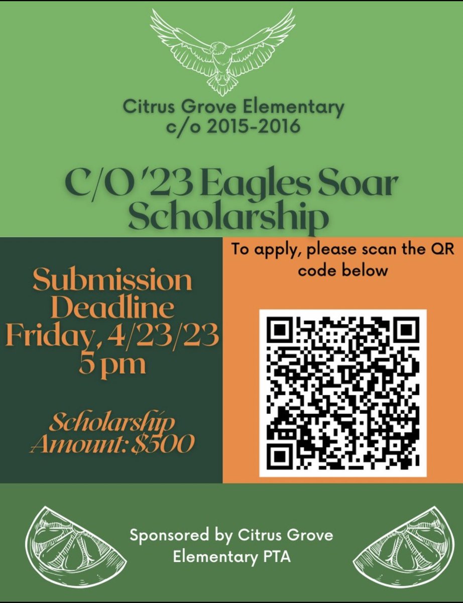 Calling Eagles from the 2015-2016 5th grade class <a href="/CitrusGrove_VCS/">Citrus Grove Elementary, Deland FL</a>, it is that time of year. We would love to see you back at the nest to celebrate your graduation <a href="/delandbulldogs/">DeLand High Bulldogs</a> <a href="/DeltonaHigh/">Deltona High</a> <a href="/TaylorWildcats/">Taylor Wildcats</a>. Don’t forgot to apply for the Eagle Soar Scholarship. #cgeeagles