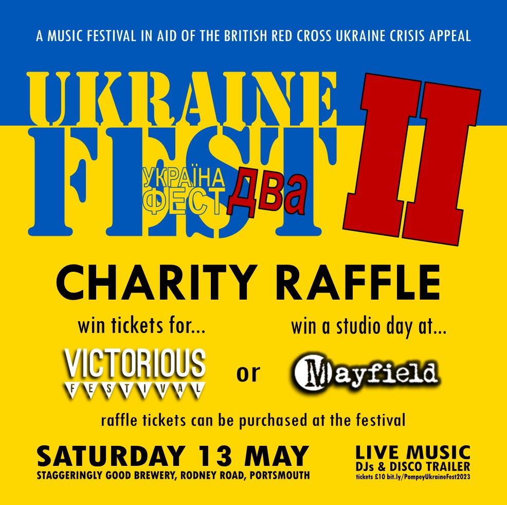 UkraineFestPmpy's tweet photo. #UkraineFest 2023 not only has great #livemusic & #vinyl-only DJs, but the chance to win #Victorious festival & a day at @Mayfield_Studio in our #Charity Raffle too!
#Raffle tickets available at the event. #PompeyMusic #Portsmouth #Southsea #SlavaUkraini https://t.co/EaWiBfOoER