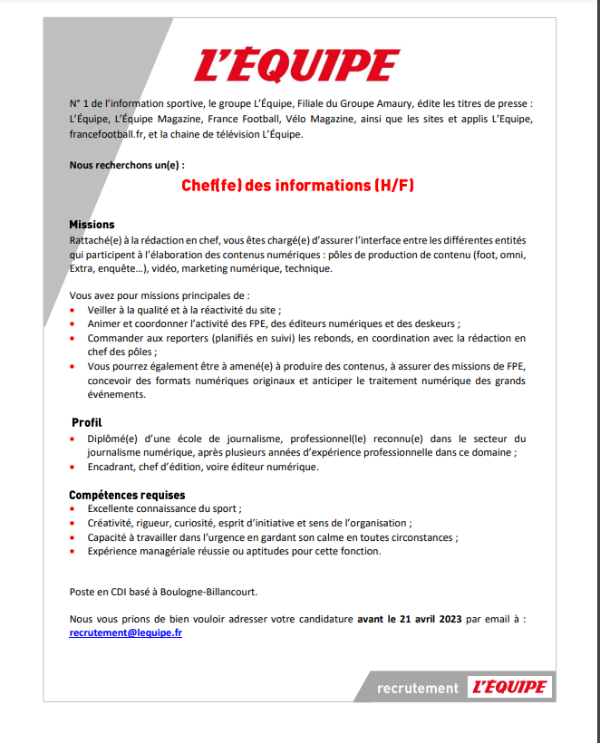 Alerte job à L'Equipe