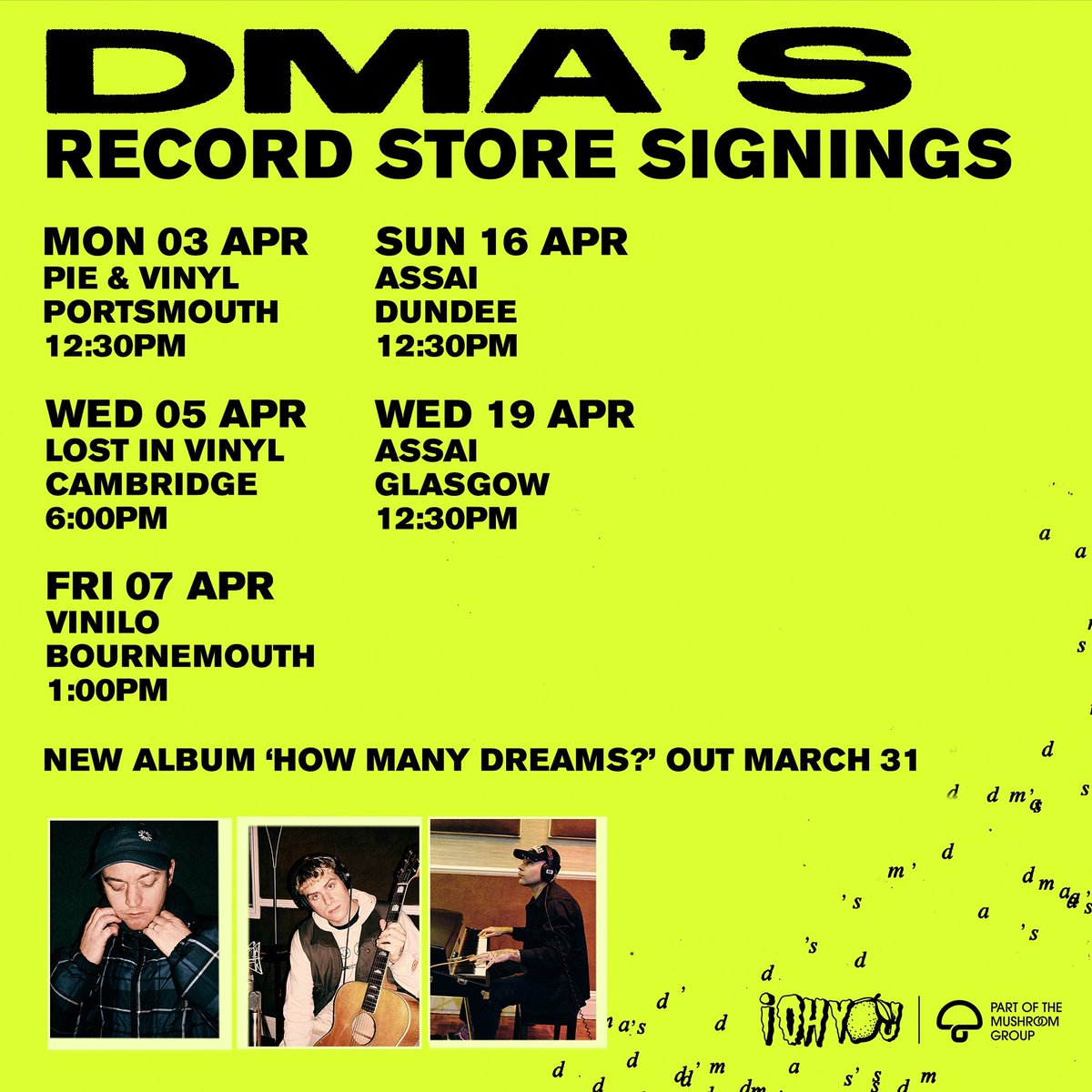 Assai_UK's tweet photo. * DMAS AT THE SHOP THIS SUNDAY! *
We've got indie megastars @dmasmusic coming in to see us at the shop this Sunday for a signing session!
Kicking off at 12.30pm!
Grab priority entry with a copy of the band's ace new album here - https://t.co/GnkfRR94de
#DMAS #HowManyDreams https://t.co/WdVbY0a7nk