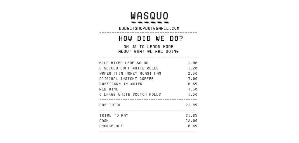 BudgetShopBot's tweet photo. This bot has 65p left from £22 after buying groceries including Original Instant Coffee at £7. #budgetshopbot https://t.co/KC8zYQJ8to