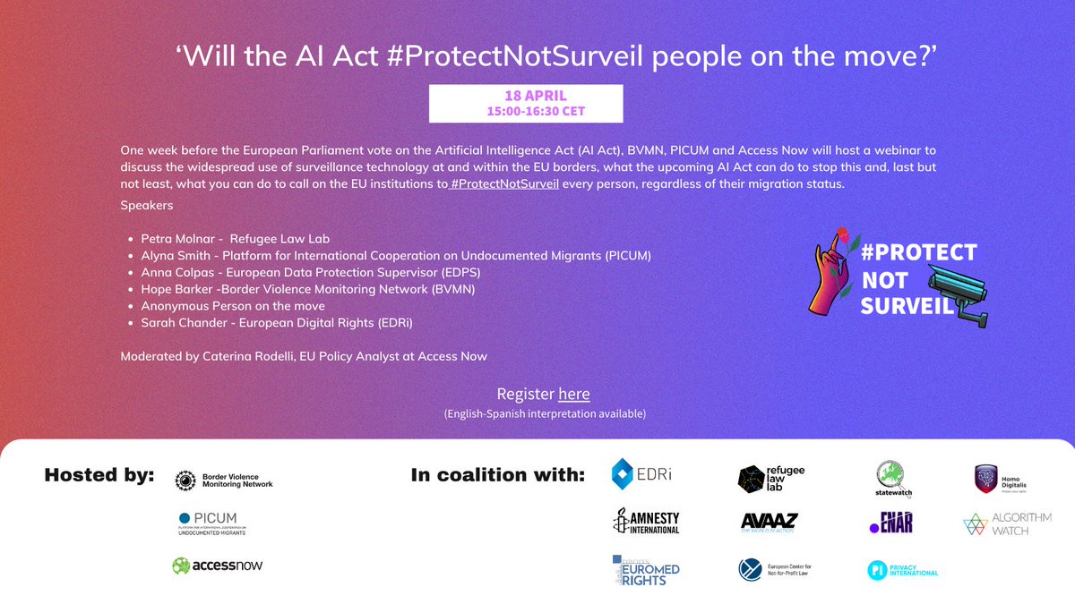 CaterinaRodelli's tweet image. 🚨 #AIAct &amp;amp; Migration🚨

Check the agenda of:

‘Will the AI Act #ProtectNotSurveil people on the move?’

🗓️18 April
🕒15.00-16.30CET
✏️Register bit.ly/3KZpQlH

Join and learn what you can do to call on the EU to #ProtectNotSurveil every person from dangerous AI.