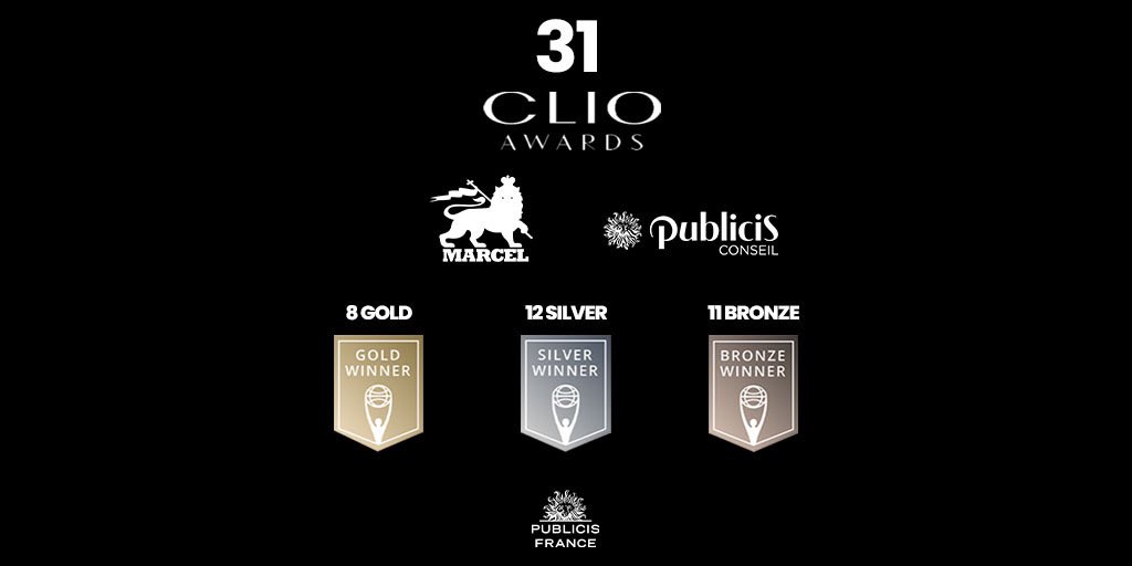 31 @ClioAwards for <a href="/publicis_france/">Publicis France</a>!
Bravo to all our talents and clients! And special kudos to <a href="/MarcelAgency/">MARCEL</a> and <a href="/backmarket/">Back Market</a> for sweeping up 8 golds! <a href="/agathebousquet/">Agathe Bousquet</a> <a href="/PublicisGroupe/">Publicis Groupe</a>